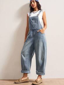 Bohemela 女式休闲宽松口袋设计阔腿牛仔连体裤 - 藍色 - 查看 10