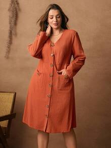 Rosumi Plus Size Casual Loose V-Neck Button Dual Pocket Knee-Length Dress Fall Clothes For Women Fall Clothes Plus Size   Dresses Button Front Dresses For Women Cottagecore Clothes Curve Dresses With Pockets  Dress Autumn Dress,Spring/Summer/Vacation - Burnt Orange - View 7