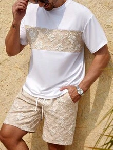 Manfinity Homme 男士休闲拼色提花拼布短袖 T 恤和短裤套装 - 彩色 - 查看 1