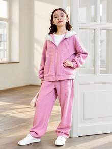 SHEIN 青少年女孩泰迪羊毛提花连帽拉链夹克和宽松长裤两件套 - 卡其色 - 查看 7