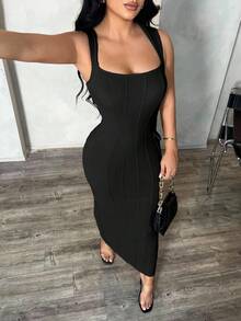 SHEIN SXY 女式卡其色优雅简约方领无袖修身长裙，适合职业/办公室/通勤/正式场合 - 黑色 - 查看 5
