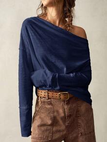 Bohemela Plus Size Off-Shoulder Loose Casual Homewear T-Shirt/Fall/Winter - Navy Blue - View 4