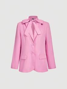 SHEIN MOD 女士梦幻浪漫粉色优雅蝴蝶结西装外套，适合秋冬季约会、派对、生日、庆典 - 粉色 - 查看 3