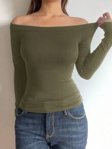 SHEIN BASICS 1pc Women's Casual Solid Color Off Shoulder Long Sleeve Fitted Blouse,Fall - Army Green - View 6