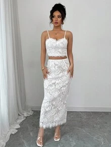 Rafferiza 2 件套女士蕾丝纯色细肩带蕾丝边拼接露背开衩节日派对优雅迷人性感波西米亚风格度假夏季无袖上衣和裙子套装