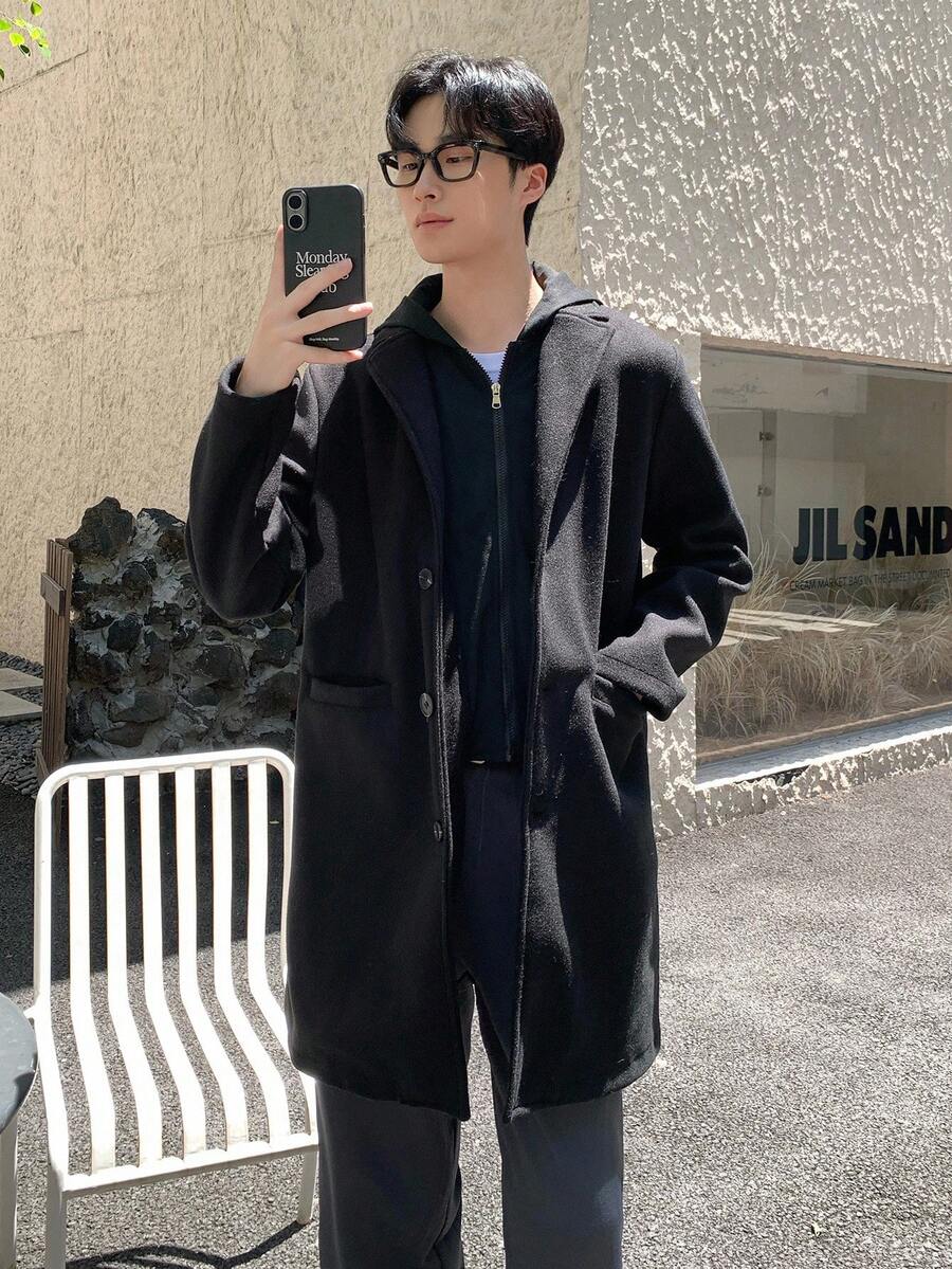 一件青少年男童时尚多功能连帽拉链外套，适合日常、户外活动和通勤穿着，秋冬季款 - 黑色 - 查看 1