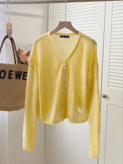 SHEIN Unity 女士休闲镂空长袖薄款开衫，可爱温柔，黄色，适合度假和户外