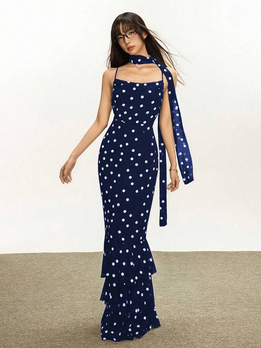Rina Fox 女式低胸圆点印花吊带背心连衣裙 - 藏蓝色 - 查看 1