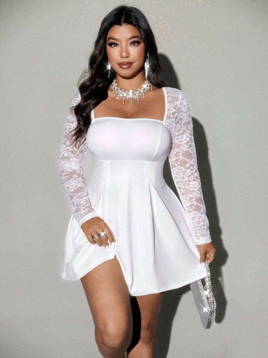 Viva Relle Vestido mini de línea A con volantes en el bajo, de mangas largas con hombros descubiertos, con detalles de encaje y lazo en la parte delantera, elegante, dulce y sexy, para mujer de talla grande, apto para fiestas, cumpleaños, eventos formales, regreso a casa y San Valentín. - Blanco - Ver 1