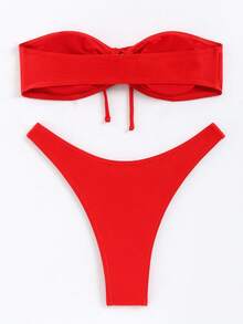 Swim Basics 2pcs Women's Summer Beach Vacation Solid Red Tie Front Bandeau Bikini Set, Separates Swimwear - Red - View 2