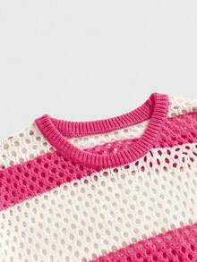 ROMWE MEN Prep Herren gestreifter Pullover mit Hohlmuster, langer Arm, Lässig, Herbst Winter - Heißes Pink - Übersicht 3