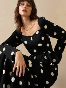 Cévolie Minimalist Polka Dot Print Ruffle Hem Dress