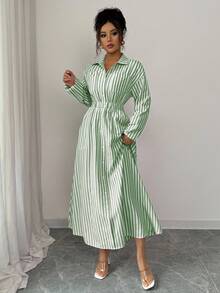 Elenzga Women's Casual Striped Self-Tie Waist Button Front Shirt Dress, Autumn Maxi Women Outfit - Green - View 4