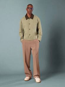 SUMWON Classic Twill Utility Work Shacket Canvas Workwear Jacket With Contrast Collar Front Patch Pockets And Button Closure Fall Spring Casual Outerwear Versatile Layer