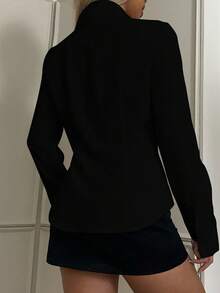SHEIN EZwear 黑色马图案女士休闲腰部收紧长袖纽扣衬衫，适合秋冬季 - 黑色 - 查看 2