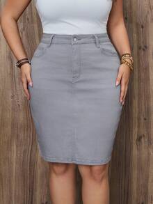 EMERY ROSE 秋季大码女式牛仔优雅包臀裙 - 淺灰色 - 查看 3