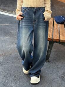 DAZY 少女休闲水洗宽松阔腿牛仔裤 - 深色水洗藍 - 查看 5