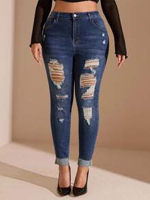SHEIN BAE Plus Size Washed Ripped Jeans, Fall Women Clothes - Blue - View 7