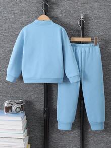 Young Boy Casual Letter Patch Button-Up Jacket And Pants Set, Autumn Fall Winter - Blue - View 2
