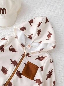 Cozy Pixies 2pcs Baby Boy Cartoon Dinosaur Pattern Contrast Color Hooded Sweatshirt And Elastic Waist Pants Set Fall Winter - Multicolor - View 5