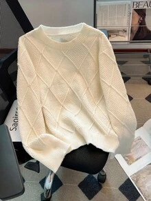 GlowEve CURVE Plus Size Solid Color Embellished Pearl Sweater, Casual For Autumn/Winter - Beige - View 1