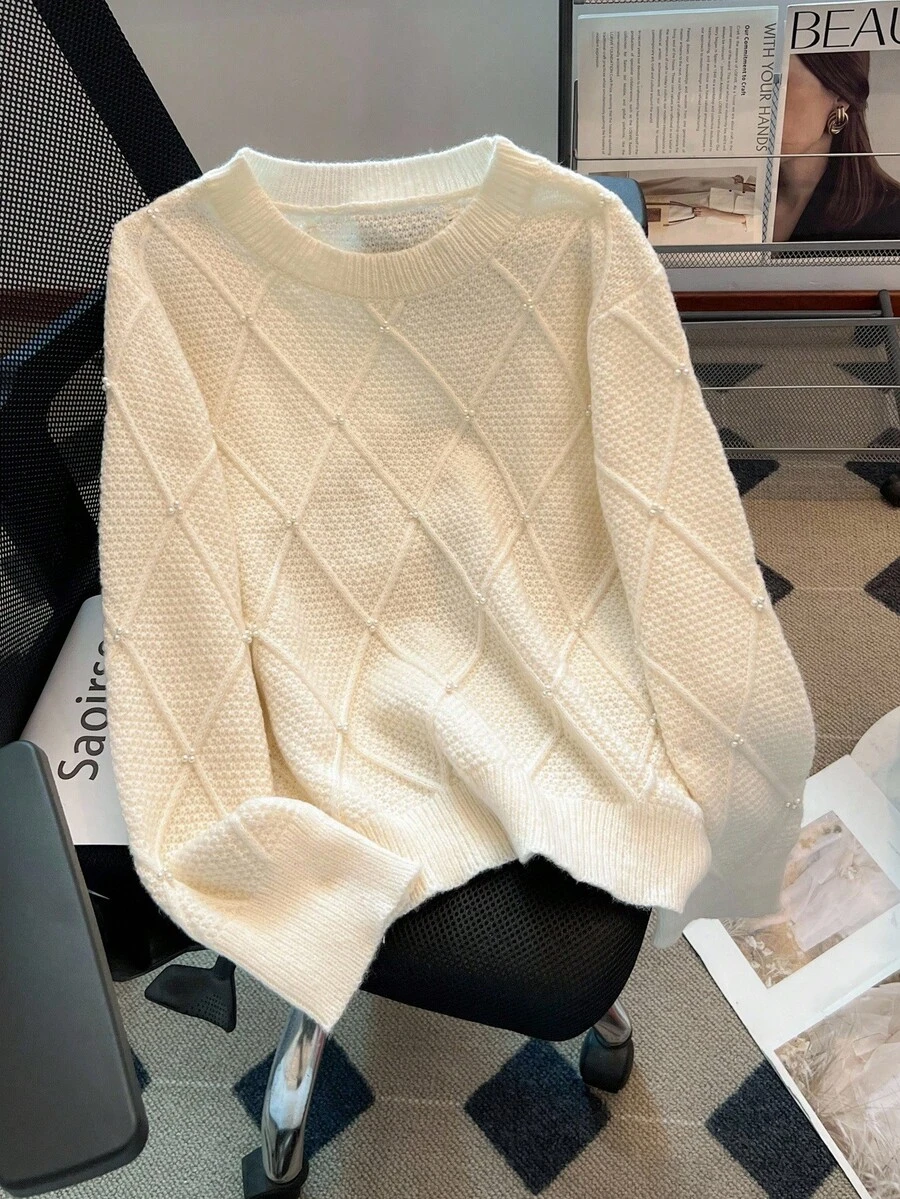 GlowEve CURVE Plus Size Solid Color Embellished Pearl Sweater, Casual For Autumn/Winter - Beige - View 1