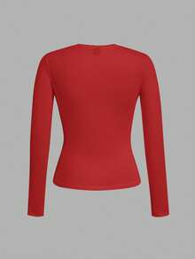 SHEIN EZwear 3 件套女士海军蓝、卡其色、红色圆领休闲修身长袖 T 恤套装，适合夏季 - 彩色 - 查看 8