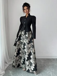 Elenzga 提花面料伞形下摆 A 字裙，松紧腰，长袖修身优雅衬衫，通勤百搭套装 - 黑色 - 查看 5