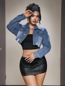 SHEIN PETITE Fashionable Washed Distressed Cropped Denim Jacket - Light Wash - View 1