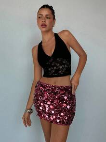 Aloruh 女士性感低腰亮片粉色迷你裙，适合派对穿着 - 酒紅色 - 查看 6