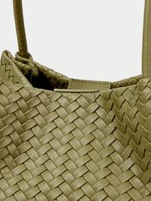 SHECARRY 女士休闲压花编织单肩包水桶包，适合日常通勤和度假场景 - 橄欖綠 - 查看 5