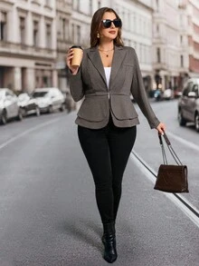 Ellevyn Blazer Elegante de Negócios para Mulheres Plus Size, Outono/Inverno, Cintura Marcada Ajustada, Decoração de Barra Dupla, Gola de Lapela, Blazer de Manga Longa para Inverno - Marsala - Visão 9