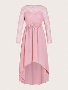 Ellevyn Blush Pink,Autumn,Elegant,Formal,Wedding Ninang Plus Size Lace-Trimmed A-Line Dress,High Low Hem Retro Party Gown For Women's Clothing - Pink - View 7