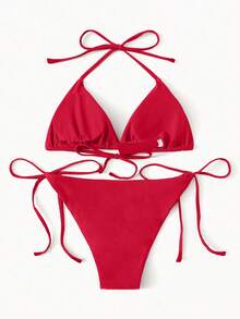 Swim Basics 2pcs Reversible Triangular Cup Tie Side Bikini Swimsuit - Red - View 2