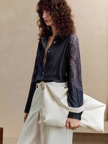 EMERY ROSE 女士粘胶纤维面料长袖蕾丝镂空刺绣设计内衣，日常休闲通勤蓝色衬衫，适合秋季女士商务休闲、办公室女性工作场合穿着，纽扣衬衫，女士工作装 - 藍色 - 查看 7