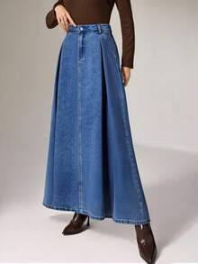 Heiryn 女士休闲宽松长款蓝色牛仔裙、波多黎各、办公室女性、情人节女性、90 年代、春季女性、牛仔裙、女士牛仔裙、女牛仔、文艺复兴裙、工作裙 - 深色水洗藍 - 查看 4