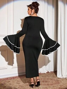 Allurite Christmas Plus Size Elegant Patchwork Ruffle Sleeve Bodycon Dress Fall Cloth For Women - Black - View 2