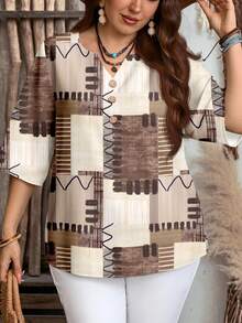 EMERY ROSE Casual Minimalist Brown Textured Plaid Patchwork Print Plus Size Button-Up Shirt, Suitable For Autumn Chic Blouses Women,Flower/Spring/Summer/Vacation - Multicolor - View 6