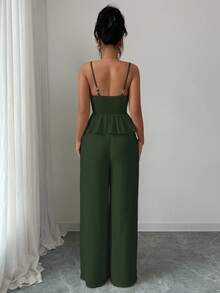 Selianne Women's Apricot Elegant Sleeveless Crop Top And Straight Leg Pants 2 Pieces Set, Summer - Army Green - View 2