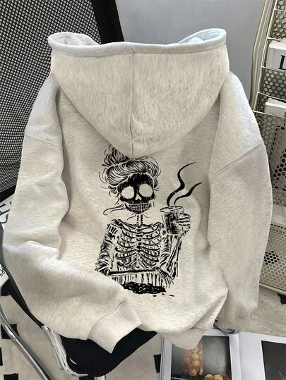 SHEIN Casual Loose Skull Print Drop Shoulder Drawstring Sweatshirt