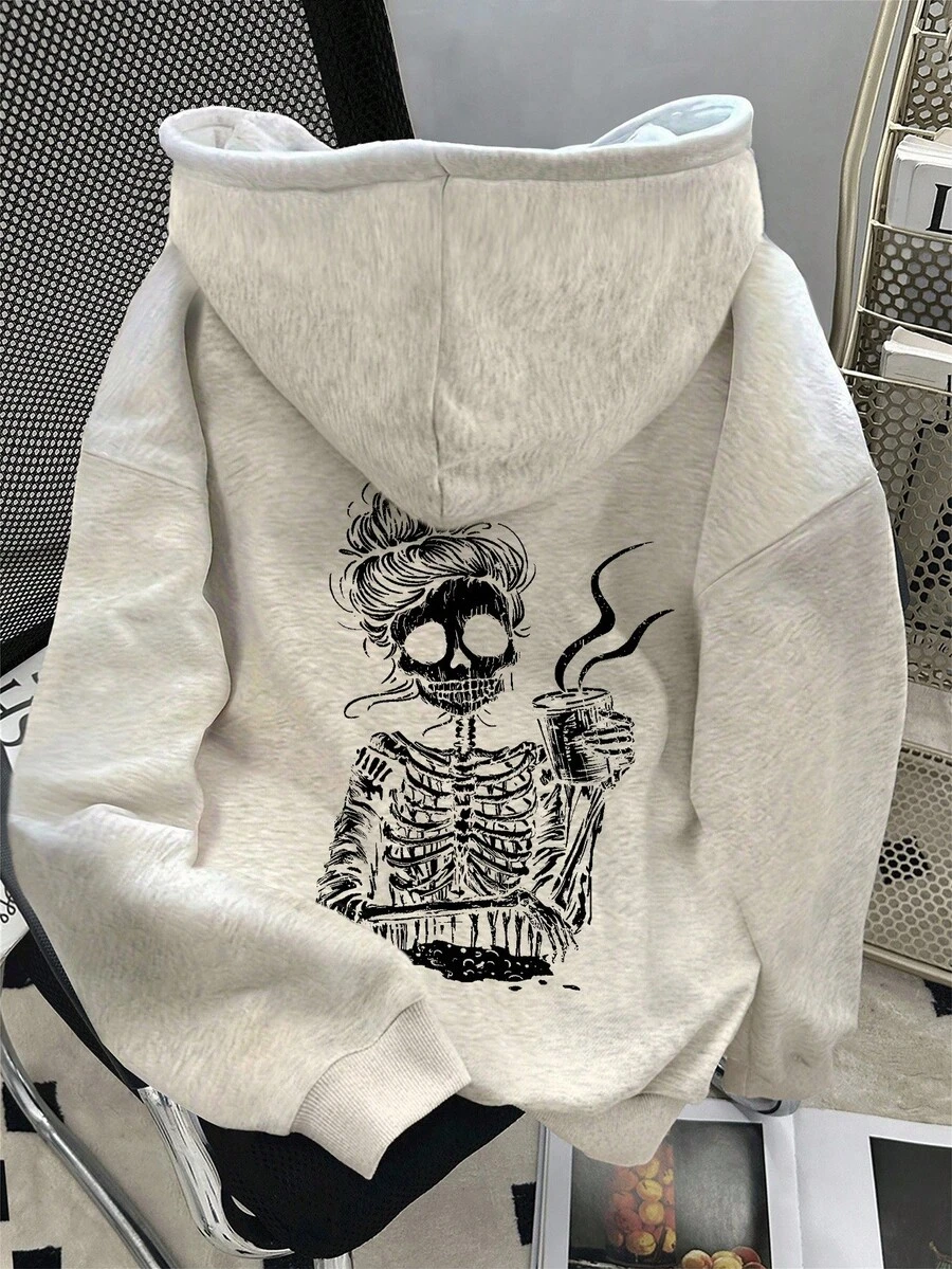 SHEIN 休闲宽松骷髅印花落肩抽绳卫衣 - 淺灰色 - 查看 1