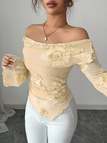Elenzga Women's Fashionable & Elegant Off Shoulder Ruched Asymmetrical Hem Long Sleeve Floral Embroidered Mesh Blouse, Flattering Silhouette, Suitable For Dates, Spring/Summer - Apricot - View 4