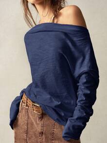 Bohemela Plus Size Off-Shoulder Loose Casual Homewear T-Shirt/Fall/Winter - Navy Blue - View 5