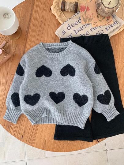 SHEIN LMoss Kids Babygirl 圆领心形图案毛衣和针织裤套装