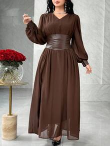 Feyla Women's Solid Color Minimalist V-Neck Long Sleeve Dress, Everyday Wear