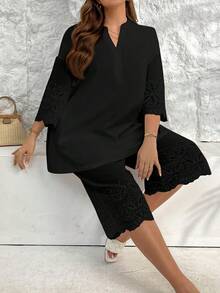 SHEIN Essnce Plus-Size Women's Elegant Black Embroidered Two Pieces Set,Summer Vacation Boho Outfits,Capris Short Sets For Women,Vacation Two Pieces Set Clothing - Black - View 4