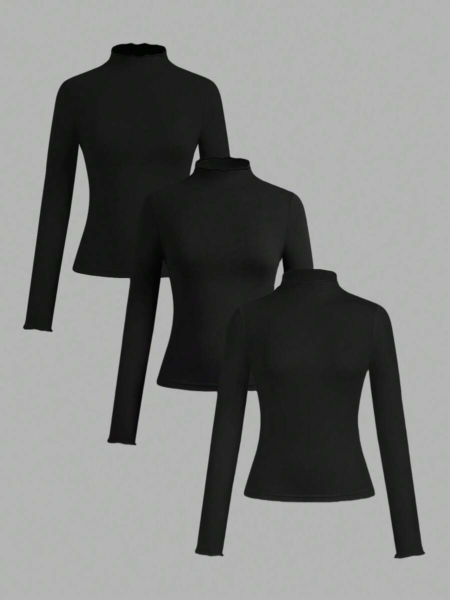SHEIN EZwear 3 件套女式黑色高领荷叶边修身休闲长袖长 T 恤套装,适合秋冬分层穿着 - 黑色 - 查看 1