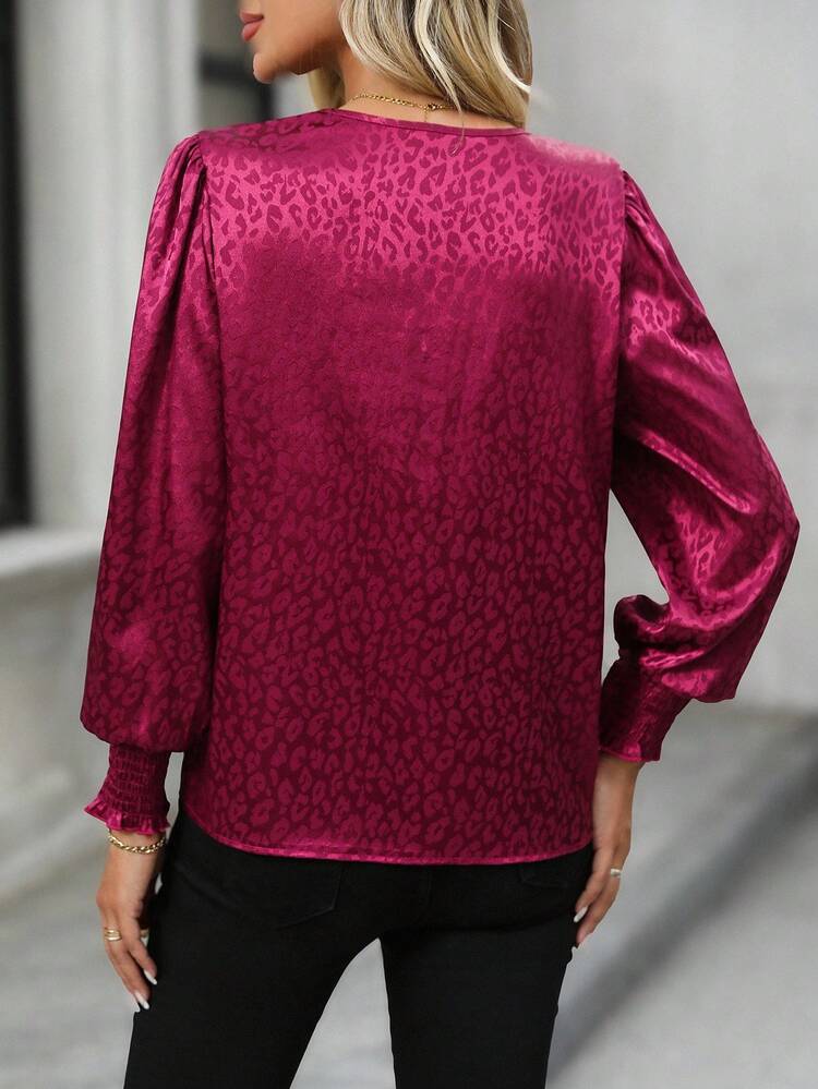 Women's Elegant Shirred Leopard Print Lantern Sleeve Blouse Fall Clothes For Women Winter Clothes For Women Elegant Women's Blouses Red Top Going Out Tops For Women Elegant Blouses For Ladies