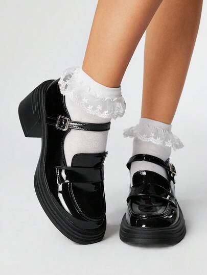 Goth Mary Jane Platform Shoes For Women, Black High Heel Shoes With Ankle Strap, Thick Sole Loafers, French Style Flats