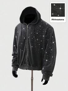 ROMWE MEN Street Life Unisex Rhinestone Zipper Hoodie Sweatshirt, Street Style American Design , Fall - Black - View 3